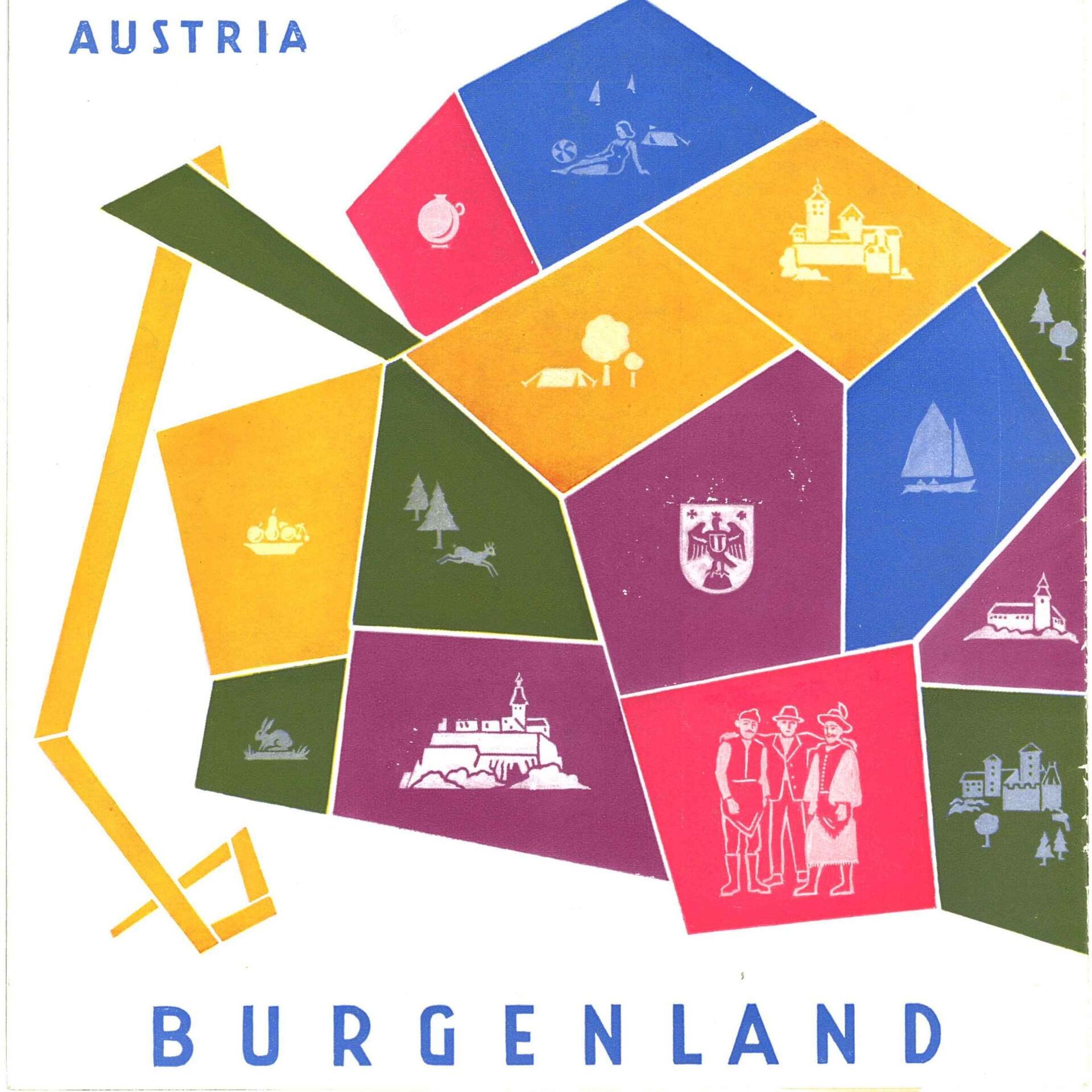 Tourismusfolder von 1957: Burgenland als bunte Landkarte mit Symbolen für Burgen, Wein, Landwirtschaft und Segelsport